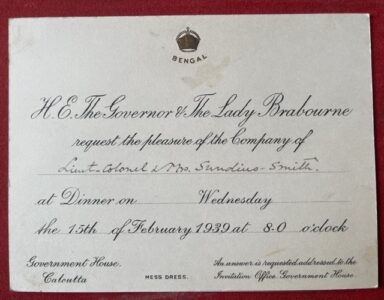 BRABOURNE, A 1939 dinner invitation given just a week before his death in office as Governor of Bengal BRABOURNE, A 1939 dinner invitation given just a week before his death in office as Governor of Bengal