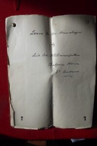 Leave in the Himalayas. Lt Col Peter Bairnsfather's thoughts on hunting in the Himalayas, auhtor's original manuscript.