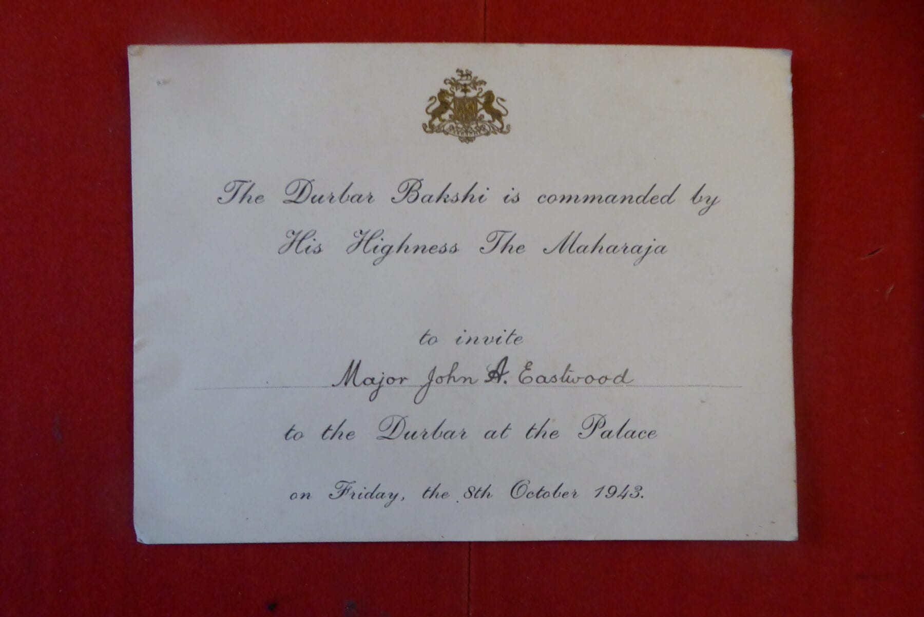 MYSORE. An invitation card from the Maharaja 1943 Bates and Hindmarch