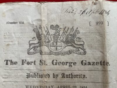 MADRAS/ The Fort St. George Gazette. single issue April 23rd 1834