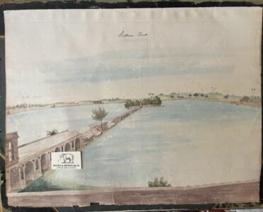 Ahmedabad, the Viaduct leading to the Temple in the centre of Kakria Tank, watercolour c. 1840s