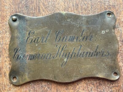 Earl Cawdor, Cameron Highlanders. A brass name plate from a uniform trunk