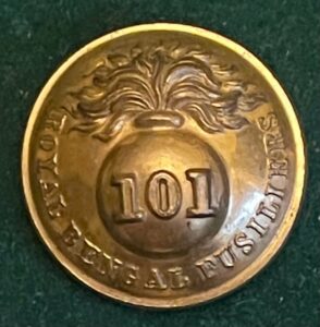 101st Foot, Royal Bengal Fusiliers, officer's gilt 25mm, worn 1861 to 1881. 101st Foot, Royal Bengal Fusiliers, officer's gilt 25mm, worn 1861 to 1881.