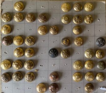 1. British infantry buttons of the numbered series worn between 1855 and 1881. Card 1.