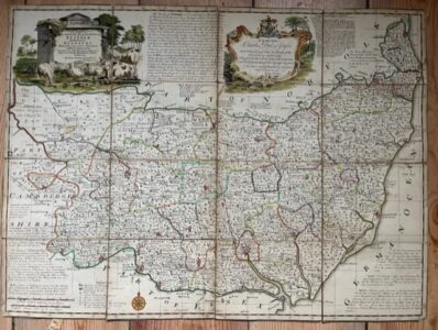 SUFFOLK. Folding map of the county divided into Hundreds by Bowen, 18th century