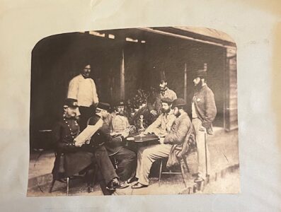 Officers, some of the 88th Connaught Rangers, five portraits on an old scrap album card, late 1859s