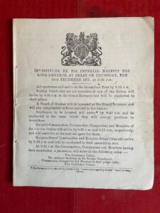 Delhi Durbar 1911. Scarce copy of the official Investiture Programme of 14th December 1911 Delhi Durbar 1911. Scarce copy of the official Investiture Programme of 14th December 1911