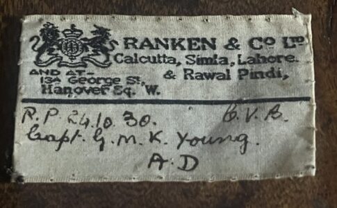 Late Victorian Indian uniform cloth name ticket for Captain G. M. K. Young